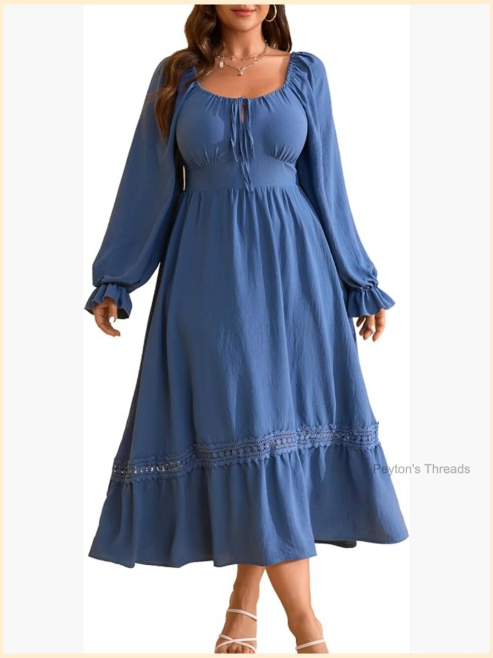 Plus Size Fall Dress Long Sleeve Square Neck Flowy Lace Trim Flutter Wedding - Picture 1 of 7